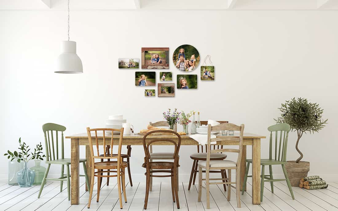 kitchen with collection of family photos on the wall