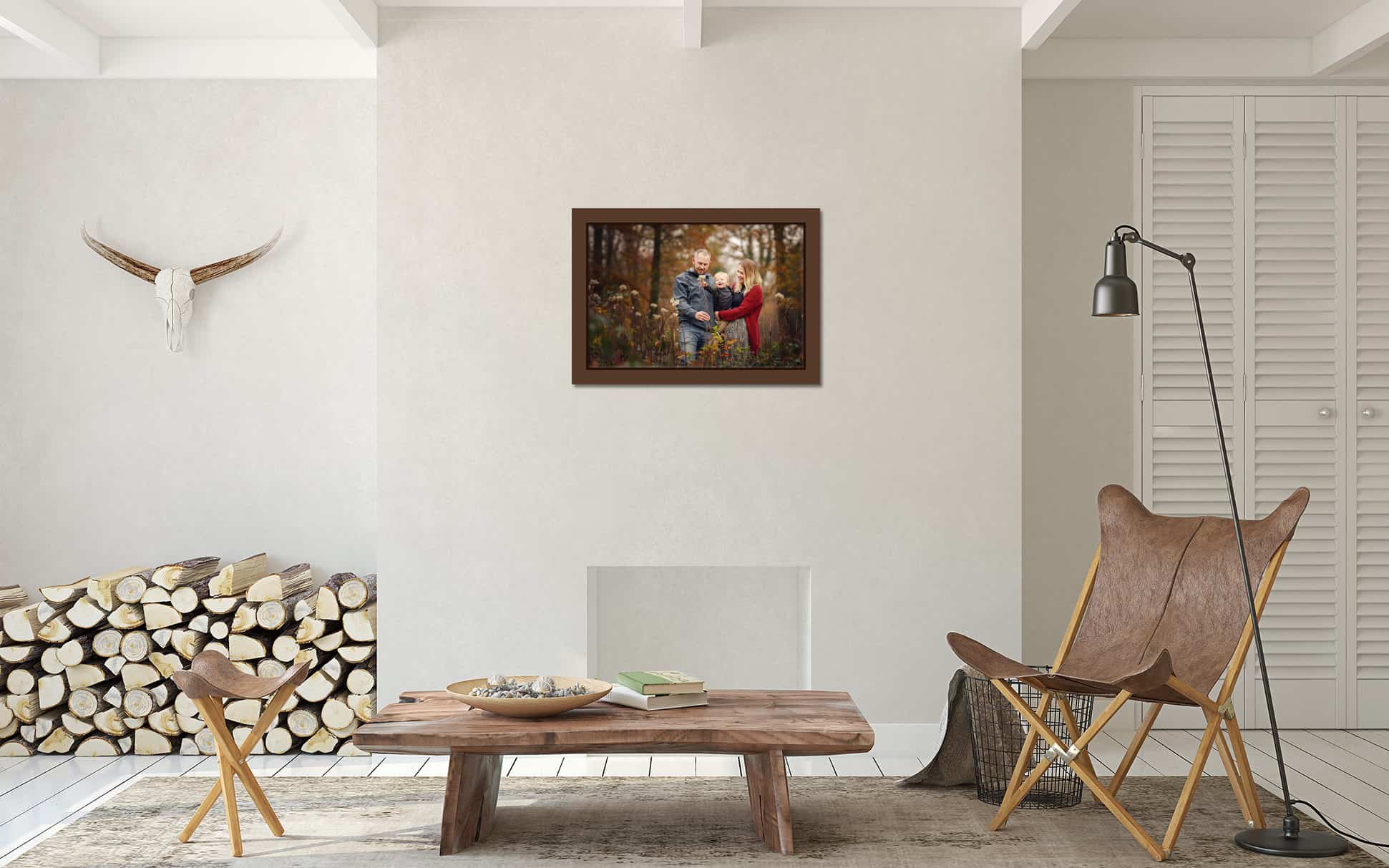 living room with family photo hanging on the wall