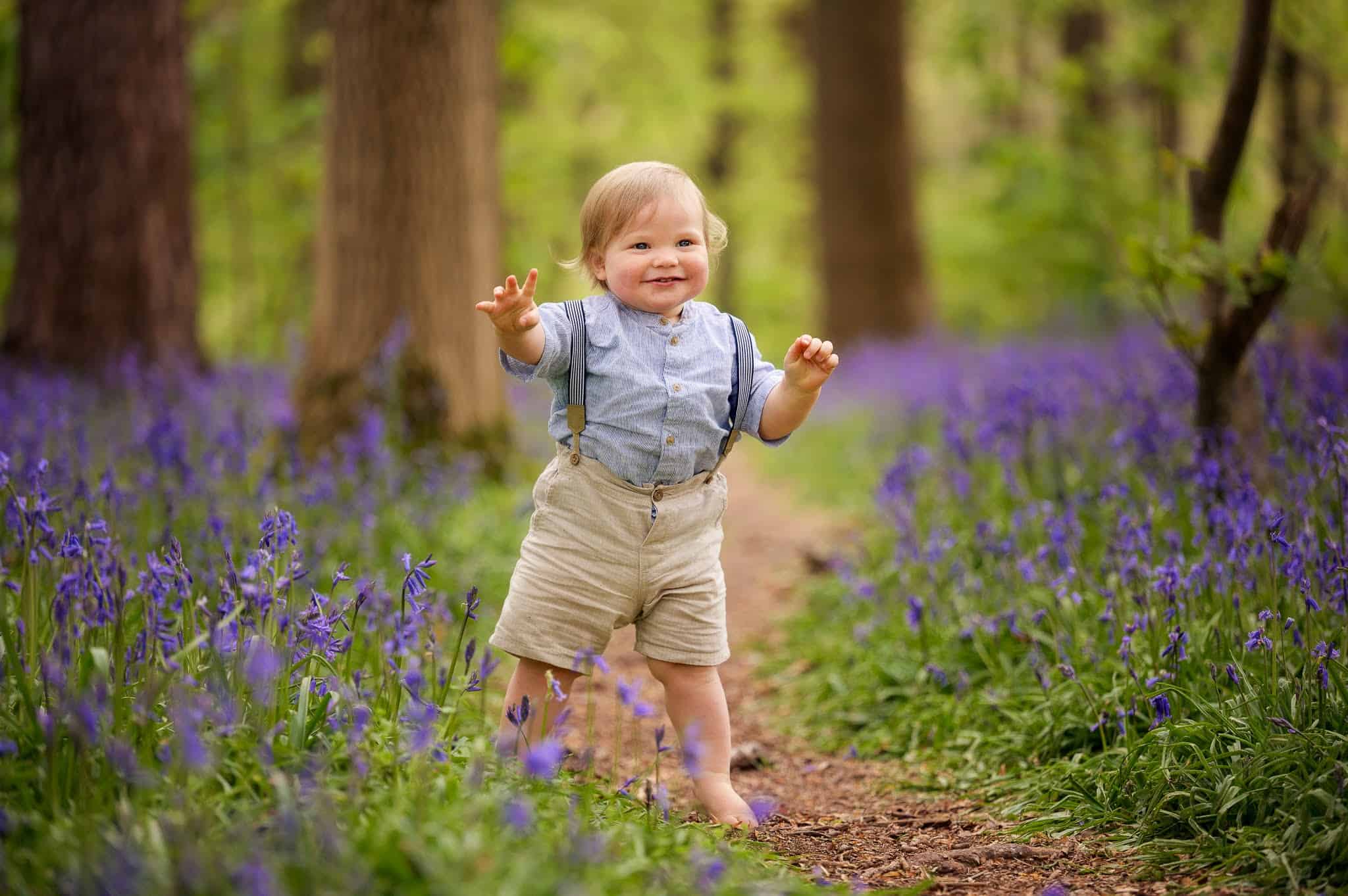 little boy taking first steps in bluebell woods
