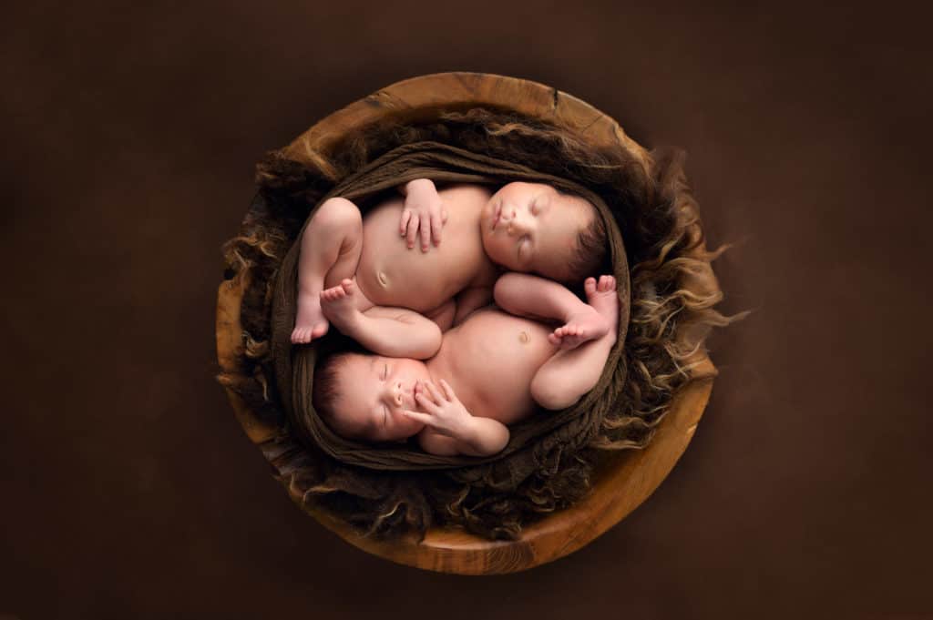 baby twins asleep in a wood bowl, newborn photoshoot bristol
