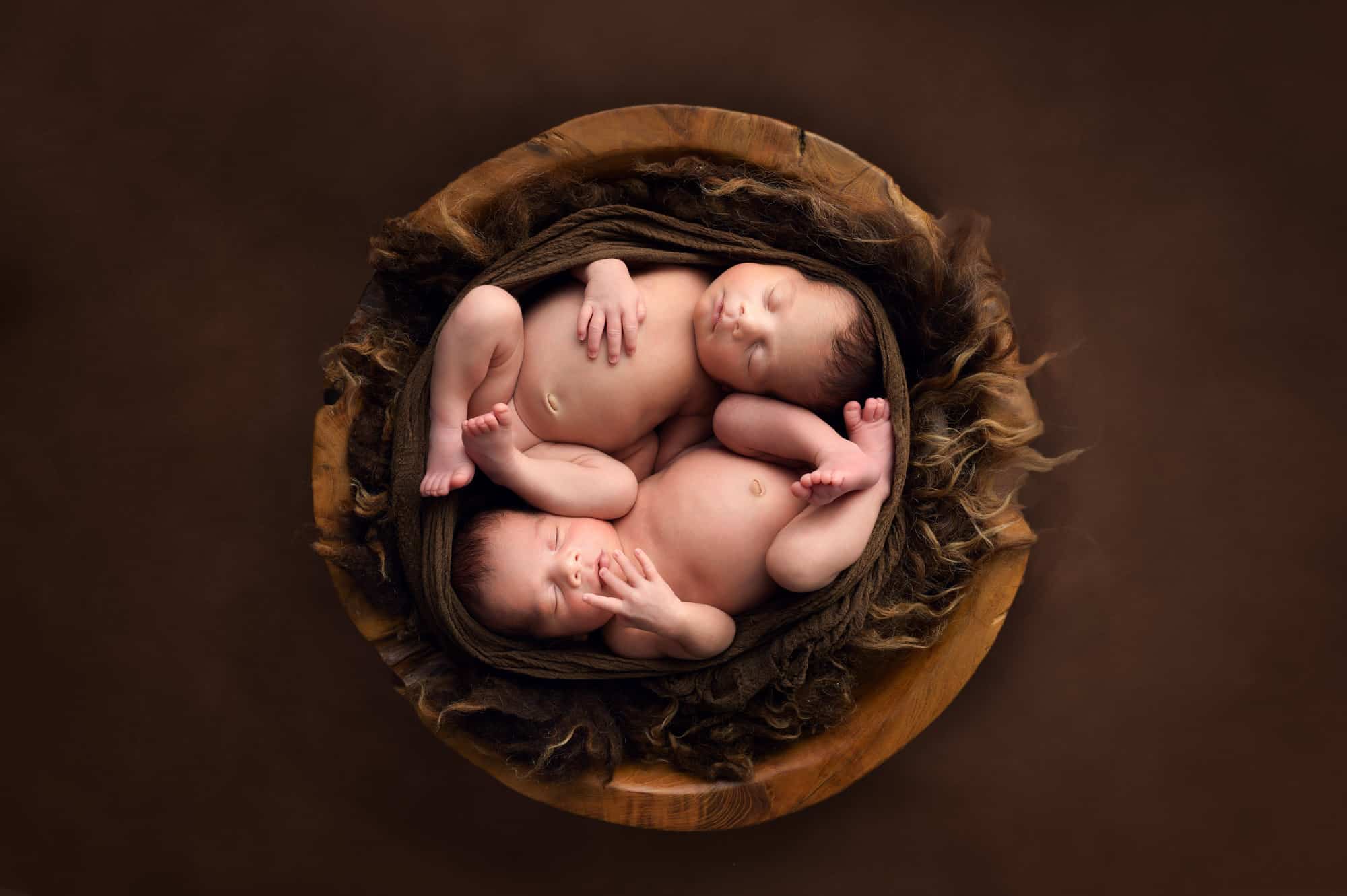 newborn twins asleep in wooden bowl on brown fur